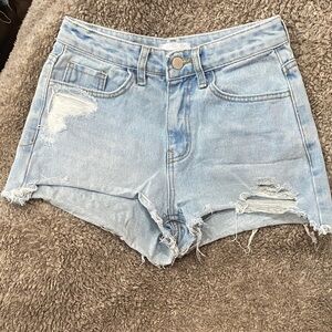 OAK + FORT Light Blue Distressed High-Rise Denim Shorts